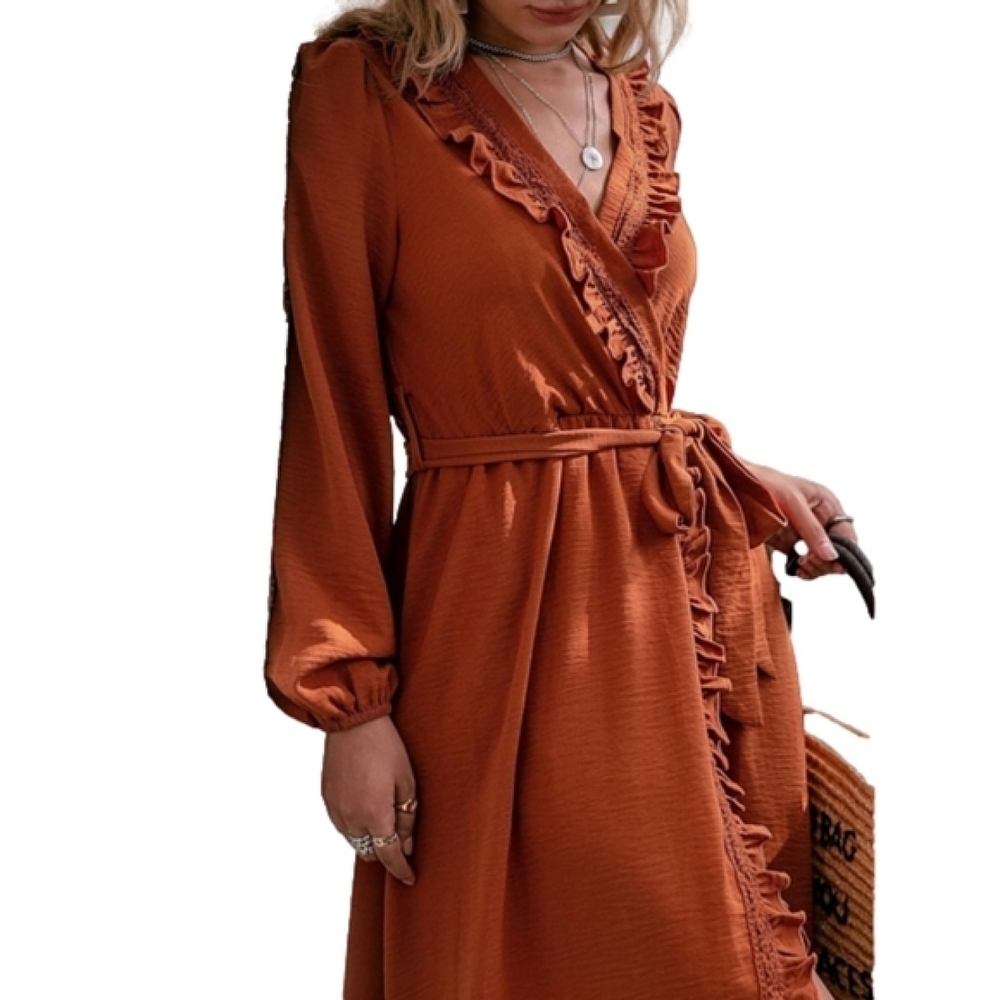 Rust Orange Wrap Dress Bishop Sleeve Ruffle Trim Overlap Collar Belted Wrap